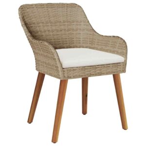2er Set Gartenstuhl Poly-Rattan Beige mit Akazienholzbeinen 62,5 x 55 x 82 cm