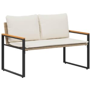 Gartenbank Rattan Beige und Cremeweiß mit Akazienarmlehnen & Kissen 115 x 65 x 72 cm