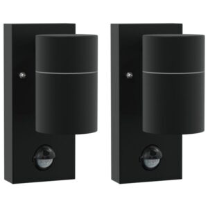 Außenwandleuchte 2er-Set aus Edelstahl und Glas Schwarz mit PIR-Bewegungsmelder, Sensor