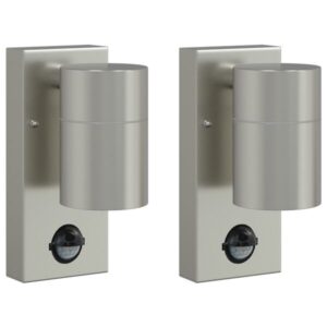 Außenwandleuchte 2er-Set aus Edelstahl und Glas Silber mit PIR-Bewegungsmelder, Sensor