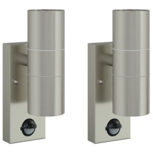 2er-Set Außenwandleuchte Silber aus Edelstahl und Glas mit PIR-Bewegungsmelder, Sensor