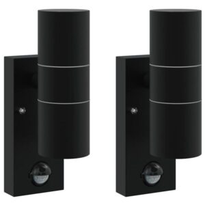 2er-Set Außenwandleuchte Schwarz aus Edelstahl und Glas mit PIR-Bewegungsmelder, Sensor