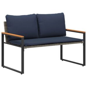Gartenbank Rattan Grau und Dunkelblau mit Akazienarmlehnen & Kissen 115 x 65 x 72 cm