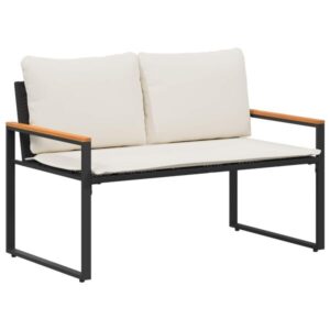 Gartenbank Rattan Schwarz und Cremeweiß mit Akazienarmlehnen & Kissen 115 x 65 x 72 cm