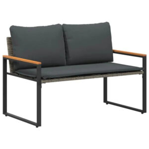 Gartenbank Rattan Grau und Dunkelgrau mit Akazienarmlehnen & Kissen 115 x 65 x 72 cm
