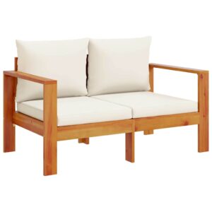 Gartensofa 2-Sitzer mit Armlehnen aus Akazienholz mit Kissen Cremeweiß 122 x 68 x 64 cm