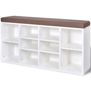 Sitzbank Weiß mit Sitzpolster und Schuhregalen aus Holzwerkstoff 103x30x48 cm